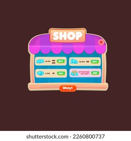 Game UI Pop Up Window Cartoon Shop Gemi Yellow Diamonds Purple Blau Beige Farbenfrohe Holzverkleidung für Casual Games Vectordesign