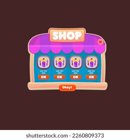 Game UI Pop Up Window Cartoon Shop Four Items Gifts Purple Blue  Beige Colorful Wooden Cute Style For Casual Games Vector Design