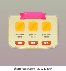 Ventana Emergente De UI De Juego Para Juegos Casuales En Marrón De Madera Estilo De Casa Cabecera De Cinta Dotada Con Texto Y Botones Cuadros Diseño De Vector Colorido De Caricatura