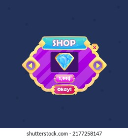 Game UI Pop Up Window Diamond Crown Price Many Rounded Circles Purple Golden Border Diamond Pattern Lines With Blue Header And Red Button  Vector Design