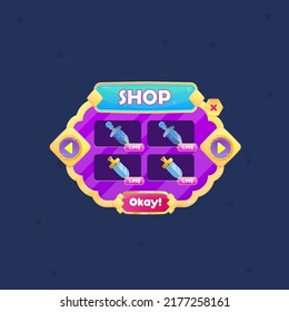 Game UI Pop Up Window Diamond Four Items Swords  Price Many Rounded Circles Purple Golden Border Diamond Pattern Lines With Blue Header And Red Button  Vector Design