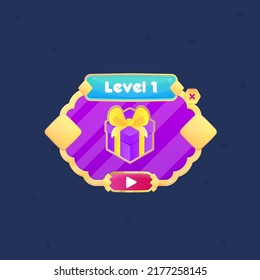 Game UI Pop Up Window Level 1 Many Rounded Circles Purple Golden Border Diamond Pattern Lines With Blue Header And Red Button  Vector Design