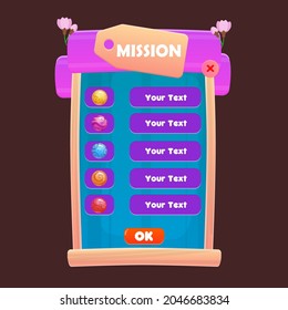 Game UI Pop Up Window Mission Buttons In Cartoon In Cartoon Spring China Flowers  Purple Blue  Beige Colorful Cute Style For Casual Games Vector Design