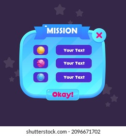 Game UI Pop Up Window Mission Oval Blue Sky  Border Red Ribbon Header Cartoon Colorful Vector Design