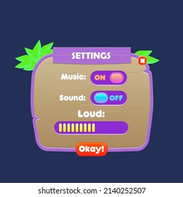 Game UI Pop Up Window Mission Purple Wooden Collections Icons Items Button Cute Cartoon Style Vector Design