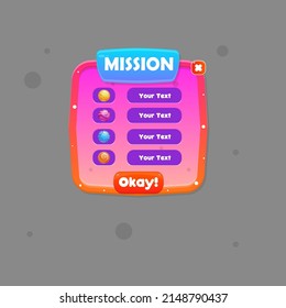 Ventana emergente de la interfaz de usuario de juego Misión Diseño de vectores de recorte de dibujos animados color rosa