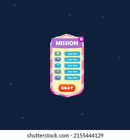 Game UI Pop Up Window Mission Wooden  Purple Pink Cartoon Button Cute Colorful Vector Design