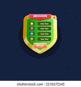 Game UI Pop Up Window Mission On Green Wooden Shield Of Kingdom With Golden Borders For RPG Games  And Button , Header Flag , Cute Cartoon Colorful Vector Design
