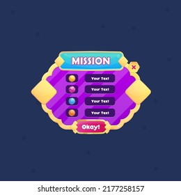 Game UI Pop Up Window Mission Many Rounded Circles Purple Golden Border Diamond Pattern Lines With Blue Header And Red Button  Vector Design