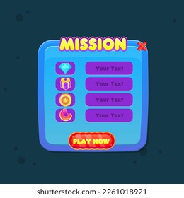 Game UI Pop Up Window Mission Diamond Geschenkmünze Donut Gem Buttons Cute farbige Cartoon Vectordesign
