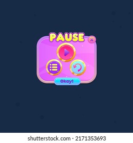 Ventana emergente de interfaz de usuario de juego Pausar Botones brillantes color púrpura Abstracto Cuto Dibujo de caricatura Banderas Diseño de vectores