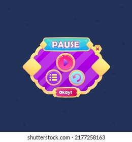 Game UI Pop Up Window Pause Many Rounded Circles Purple Golden Border Diamond Pattern Lines With Blue Header And Red Button  Vector Design