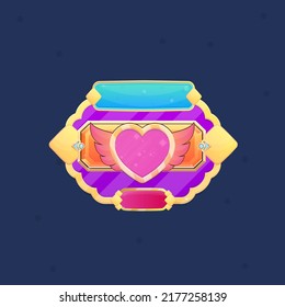 Game UI Pop Up Window Pink Cartoon Heart Many Rounded Circles Purple Golden Border Diamond Pattern Lines With Blue Header And Red Button  Vector Design