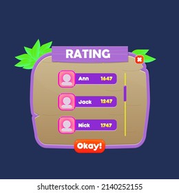 Game UI Pop Up Window Rating Chart Users Purple Wooden Collections Icons Items Button Cute Cartoon Style Vector Design