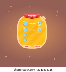 Game UI Pop Up Window Rating Chart With Blue Windows And Four Items Vertical  Red Flag Header Orange Brown Particles Cute Colorful Cartoon Vector Design