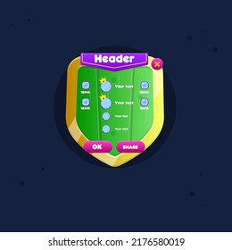 Game UI Pop Up Window Rating Chart With Blue Windows And Four Items Vertical Purple Flag Header On Green Wooden Shield Of Kingdom With Golden Borders For RPG Games Cute Cartoon Colorful Vector Design
