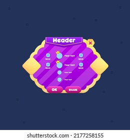 Game UI Pop Up Window Rating Chart With Blue Windows And Four Items Vertical Many Rounded Circles Purple Golden Border Diamond Pattern Lines With Blue Header And Red Button  Vector Design