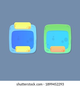 Game UI Pop Up Window Rectangular Rounded Corners Blue Turquoise Orange Stone Age Style Casual Games With Header Cartoon Colorful Vector Design