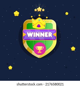 Game UI Pop Up Window Reward Stars Clouds Sky  Winner Crown Ribbon Cup With Stars On Green Wooden Shield Of Kingdom With Golden Borders For RPG Games Cute Cartoon Colorful Vector Design