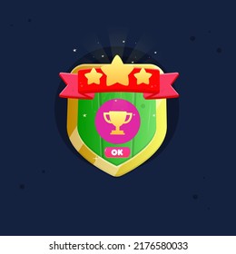 Game UI Pop Up Window Reward Stars Crown Ribbon On Green Wooden Shield Of Kingdom With Golden Borders For RPG Games Cute Cartoon Colorful Vector Design