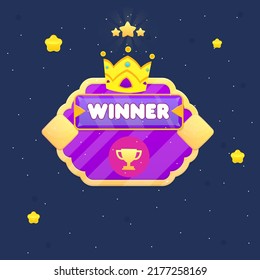 Game UI Pop Up Window Reward Winner Crown Cup Stars Many Rounded Circles Purple Golden Border Diamond Pattern Lines With Blue Header And Red Button  Vector Design