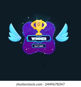 Game UI Pop Up Window Reward Page Winner Cup Wings Coin Hud Futuristic Frame Banner Purple Blue Dark Vector Design