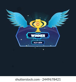 Game UI Pop Up Window Reward Page Winner Cup Wings Coin Futuristic Hud Vector Design Blue Sky Purple Nature Pattern Cartoon