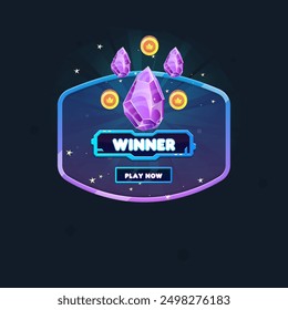 Game UI Pop Up Window Reward Page Winner Crystals Coins Oval Rectangular Form Blue Purple Abstract  Cute Cartoon Vector Design