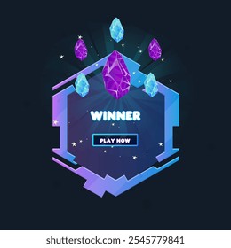 Spiel UI Pop-Up-Fenster Belohnung Seite Gewinner Kristalle Hexagon Sci Fi Form Blau Lila Abstrakt Niedlich Cartoon Vektor Design