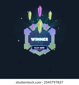 Juego UI Pop Hasta Ventana Página de Recompensa Ganador Cristales Hexágono Ciencia Ficción Hud Forma Futurista Verde Púrpura Abstractas Lindo Diseño de Vector de Dibujos Animados