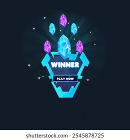 Jogo IU Pop Up Janela Recompensa Página Vencedor Cristais Triângulo Sci Fi Hud Futurista Forma Azul Abstrato Fofo Desenho Animado Vetor Design