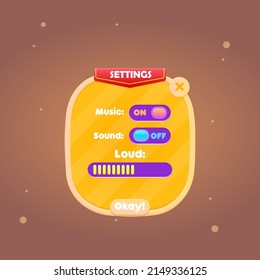 Game UI Pop Up Window Settings Red Flag Header Orange Brown Particles Cute Colorful Cartoon Vector Design