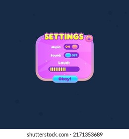 Game UI Pop Up Window Settings Purple Abstract Cute Cartoon Colorful Bright Buttons Banners Vector Design