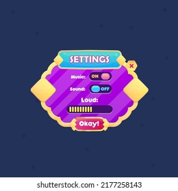 Game UI Pop Up Window Settings Many Rounded Circles Purple Golden Border Diamond Pattern Lines With Blue Header And Red Button  Vector Design