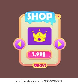 Game UI Pop Up Window Shop Crown Price Cartoon Beige Grunge Vintage Cute Colorful Stars Dessert Rating Vector Design