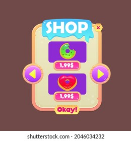Game UI Pop Up Window Shop Double Donuts Price Cartoon Beige Grunge Vintage Cute Colorful Stars Dessert Rating Vector Design