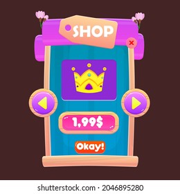 Game UI Pop Up Window Shop Crown Price Buttons In Cartoon In Cartoon Spring China Flowers  Purple Blue  Beige Colorful Cute Style For Casual Games Vector Design