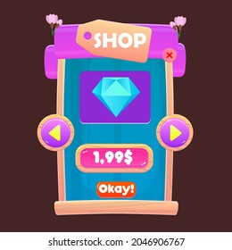 Game UI Pop Up Window Shop Diamond Price Buttons In Cartoon Spring China Flowers  Purple Blue  Beige Colorful Cute Style For Casual Games Vector Design