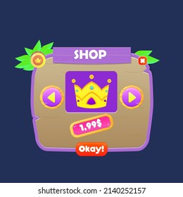 Ventana emergente de la interfaz de usuario de juegos Ver Crown Price Colecciones de madera púrpura Iconos Artículos botón Cute Estilo de dibujos de dibujos