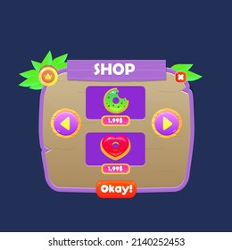 Game UI Pop Up Window Shop Double Donuts Price  Purple Wooden Collections Icons Items Button Cute Cartoon Style Vector Design