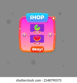 Ventana emergente de la interfaz de usuario de juego Tienda doble donuts precio naranja color rosa de dibujos animados diseño de vectores