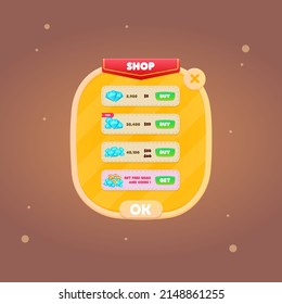 Game UI Pop Up Window Shop  Red Flag Header Orange Brown Particles Cute Colorful Cartoon Vector Design