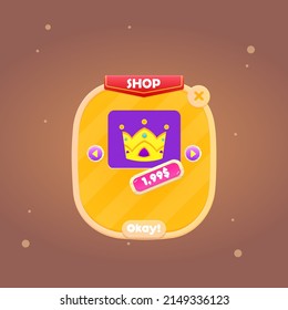 Game UI Pop Up Window Shop Crown Price  Red Flag Header Orange Brown Particles Cute Colorful Cartoon Vector Design