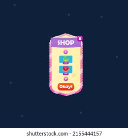 Game UI Pop Up Window Shop Double Donuts Price Wooden  Purple Pink Cartoon Button Cute Colorful Vector Design