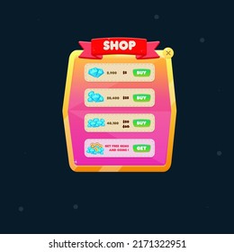 Game UI Pop Up Window Shop Gems Yellow Diamonds Pink Orange Golden Treasure  Abstract Cute Cartoon Colorful Bright Red Button Pop Up Window Vector Design