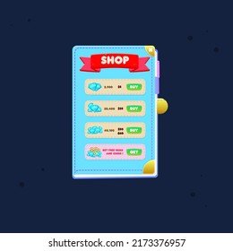 Ventana emergente de la interfaz de usuario de juego Tienda Gemas Diamantes amarillos Venta Libro Azul Cuta Caricatura Diseño Vector colorido