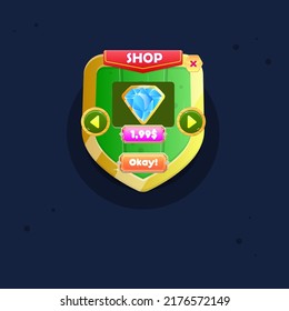 Game UI Pop Up Window Shop Diamond Price On Green Wooden Shield Of Kingdom With Golden Borders For RPG Games  And Button , Header Flag , Cute Cartoon Colorful Vector Design