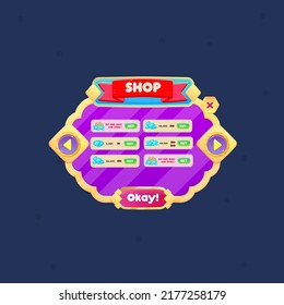 Game UI Pop Up Window Shop Gems Yellow Diamonds Many Rounded Circles Purple Golden Border Diamond Pattern Lines With Blue Header And Red Button  Vector Design