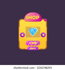 Ventana emergente de interfaz de usuario de juego Tienda de estrellas brillantes de color amarillo anaranjado rosa morado marrón claro patrón de dibujos animados diseño de vectores colorido