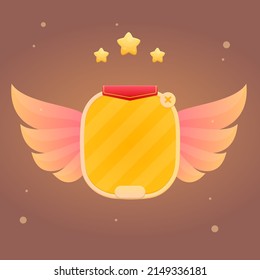 Game UI Pop Up Window With Wings And Stars Red Flag Header Orange Brown Particles Cute Colorful Cartoon Vector Design